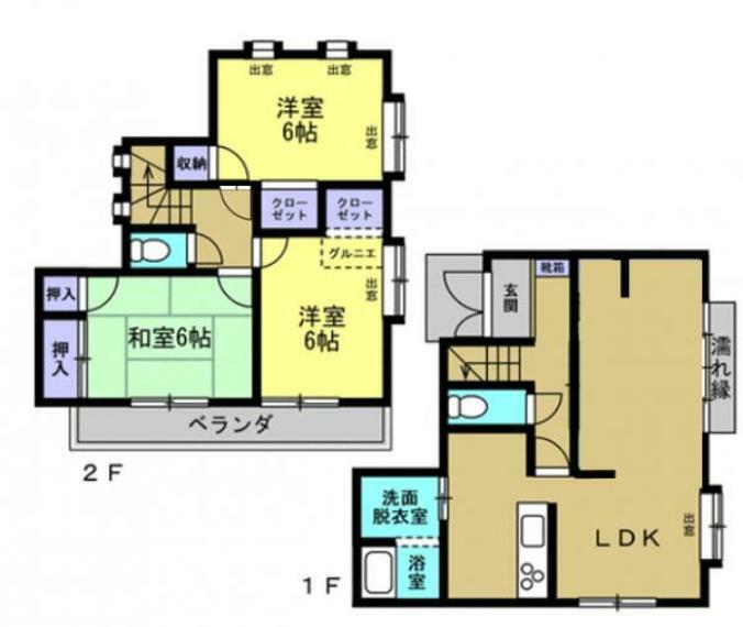 【間取り図】1階にリビング、2階には洋室2部屋と和室1部屋がございます。