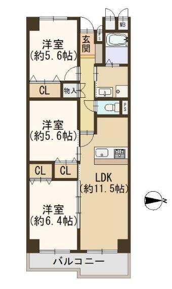 八戸ノ里第二ガーデンハイツ(3LDK) 8階の間取り図
