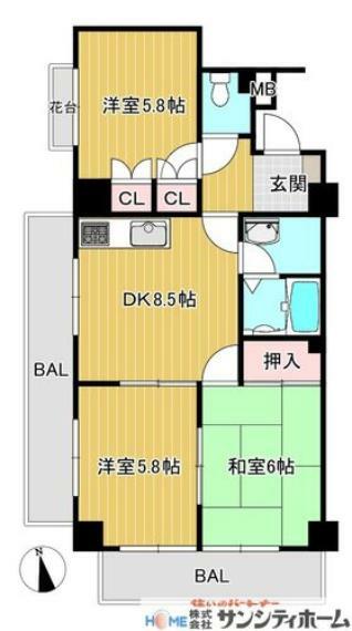 セザール大宮中央公園(3DK) 5階の間取り図