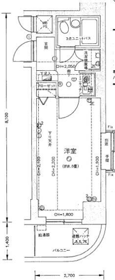 ライオンズマンション長岡駅東(1K) 2階の間取り図