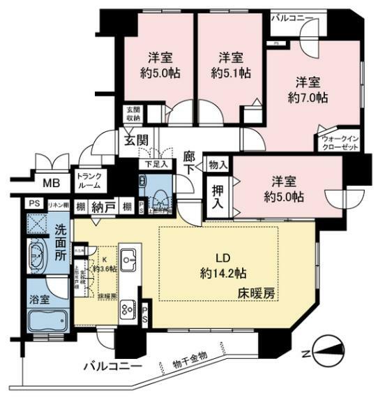 14階部分、4LDK、91.11平米、西・南・東の三方向角住戸です。