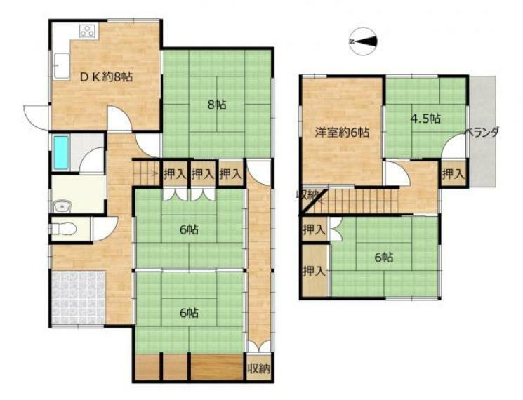 【間取図】6DKで部屋数も多く様々なライフスタイルに合わせることが出来ます。またほとんどの部屋が南向きで陽当り良好です。