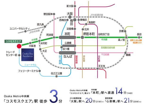 【都心を縦横無尽にかける、躍動のフットワークをその手に】<BR />Osaka Metro中央線「コスモスクエア」駅からは、大阪市内屈指のオフィス街が広がる「本町」駅へ直通14分。また、うめきた2期開発によりさらに進化する「大阪」駅へも20分でアクセス可能。都心を自由自在に駆けられるフットワークが、暮らしの可能性を拡げます。<BR />※1.中央線「弁天町」駅よりJR大阪環状線「弁天町」駅に乗り換え。<BR />※2.中央線「本町」駅より御堂筋線「本町」駅に乗り換え。<BR />※掲載の所要時間は平日日中平常時（11～15時台）、（）内は通勤時（7,8時台）の目的駅への最短所要時間です。電車の所要時間は時間帯により異なります。※「駅すぱあと」調べ。2020年10月1日時点調査のものでダイヤ改正等により変更となる場合があります。※「駅すぱあと」の算定に基づき、上記所要時間に待ち時間、乗換え時間は含んでおります。＜交通案内図＞
