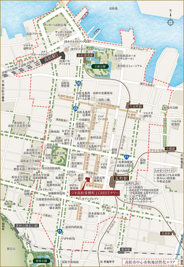 高松琴平電気鉄道「瓦町」徒歩4分（約290m）＜現地案内図＞
