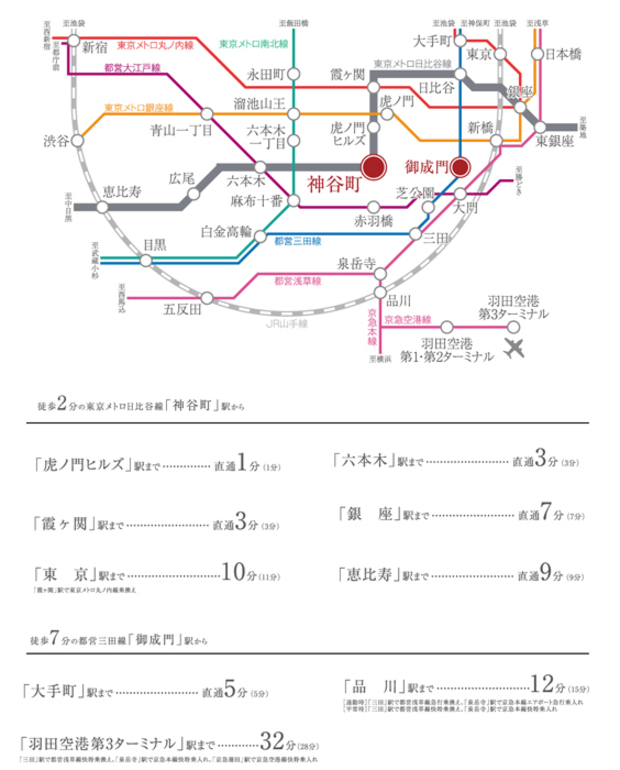【東京を自在に愉しむ。東京メトロ日比谷線「神谷町」駅徒歩2分軽やかに都心を使いこなす。】<BR />六本木、銀座、恵比寿など、成熟した都市とダイレクトに繋がる東京メトロ日比谷線「神谷町」駅へ徒歩2分、大手町に直結する都営三田線「御成門」駅へ徒歩7分の近さ。さらに徒歩15分圏内で9駅6路線※1が利用でき、東京を縦横無尽に駆け巡る機能性の高いアクセスを実現します。<BR />※1.9駅とは神谷町、御成門、虎ノ門、虎ノ門ヒルズ、六本木一丁目、溜池山王、赤羽橋、大門、芝公園。6路線とは東京メトロ日比谷線、銀座線、南北線、都営三田線、大江戸線、浅草線のことです。<BR />※掲載の所要時間は待ち時間・乗り換え時間を含んだ通勤時（カッコ内は平常時）の目安であり、時間帯により多少異なります。＜交通案内図＞