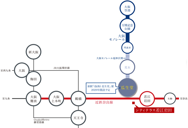 【新駅「瓜生堂」駅開設決定※1（2029年完成予定）】<BR />大阪モノレール「始発駅」を使いこなす。行政と大阪高速鉄道は現在、2029年開通を目標に大阪モノレールの延伸計画を進行中です。新たに開設される4駅のうち、始発駅となる「（仮称）瓜生堂」駅によって、現地からの交通の便がさらに強化されます。これまでの難波・奈良間の東西アクセスに、大阪空港へつながる南北のラインも加わって、空の便もより身近なものとなるでしょう。<BR />※1:大阪モノレール「（仮称）瓜生堂」駅（2029年開業予定）。出典:大阪モノレール株式会社HP（2021年6月現在）<BR />※掲載の情報は2022年7月現在のものです。内容等は将来変わる場合があります。＜交通案内図＞