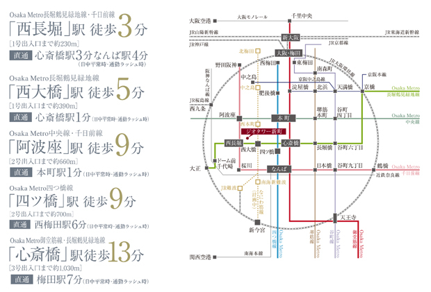 【5線5駅を使いこなす日常。キタもミナミも自由自在に。】<BR />徒歩わずか3分にあるOsaka Metro長堀鶴見緑地線・千日前線「西長堀」駅をはじめ徒歩圏にある5線5駅から、大阪都心を縦横無尽に網羅するマルチアクセス。さらに新線・「なにわ筋線」の開通や中央線の延線でさらなる利便性向上が期待できます。<BR />※所要時間は日中平常時のもので、時間帯により多少異なる場合があります。待ち時間は含まれておりません。<BR />※掲載の表示距離は現地からの地図上の概算です。徒歩分数は80m＝1分、自転車分数は250m＝1分として算出し、端数は切り上げております。＜交通案内図＞