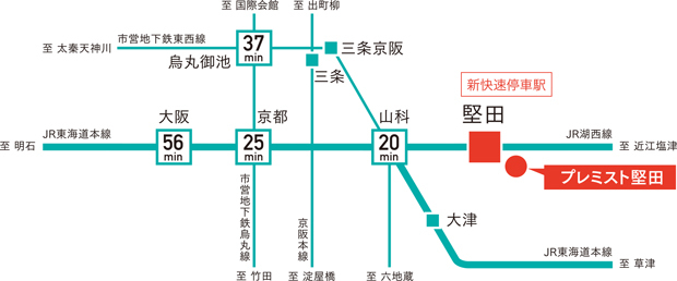 【JR「堅田」駅徒歩4分（約280m）】<BR />「プレミスト堅田」から徒歩4分（約280m）のJR「堅田」駅は、新快速停車駅。そこからは新旧の文化が調和する古都の玄関口「京都」駅へ直通25分、関西最大都市の中心「大阪」駅へも直通56分のスムーズアクセスです。「京都」駅からは、市営地下鉄烏丸線「烏丸御池」駅※1へもつながり、ビジネスに、プライベートに、また通学にも、家族みんなにうれしい便利な日常が広がります。<BR />※1:「京都」駅で市営地下鉄烏丸線に乗り換え。<BR />※所要時間は朝の通勤ラッシュ時のものであり時間帯により異なります。※乗り換え時間・待ち時間を含みます。＜交通案内図＞