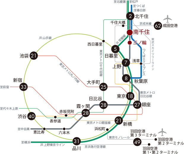 東京イーストエリアへダイレクト池袋・新宿など西側ターミナル駅へも30分圏<BR />※表示内容は2023年11月の調査時点のものです。＜交通案内図＞