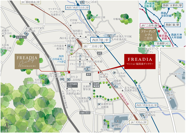 ※地図に掲載された施設は、2023年3月現在のものです。＜現地・FREADIAマンション福岡南ギャラリー案内図＞