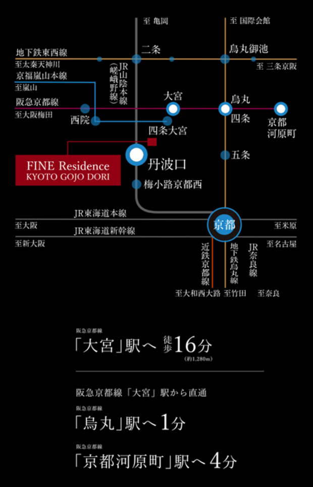 【2線2駅が利用可能。京都中心部へもアクセス可能。】<BR />※交通所要時間は平日通勤時間（7時台～8時台）の最多・最長本数によるもので、曜日・時間等により多少異なります。※掲載の情報は2023年10月時点のものです。＜交通案内図＞