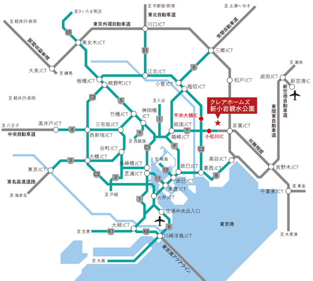 都心も千葉も横浜方面も、身近に楽しむことができるカーアクセス。＜交通案内図＞