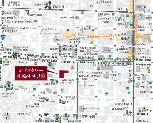 北海道札幌市中央区南5条西7丁目9-2、10-1、11、12※住居表示ではありません。＜現地案内図＞