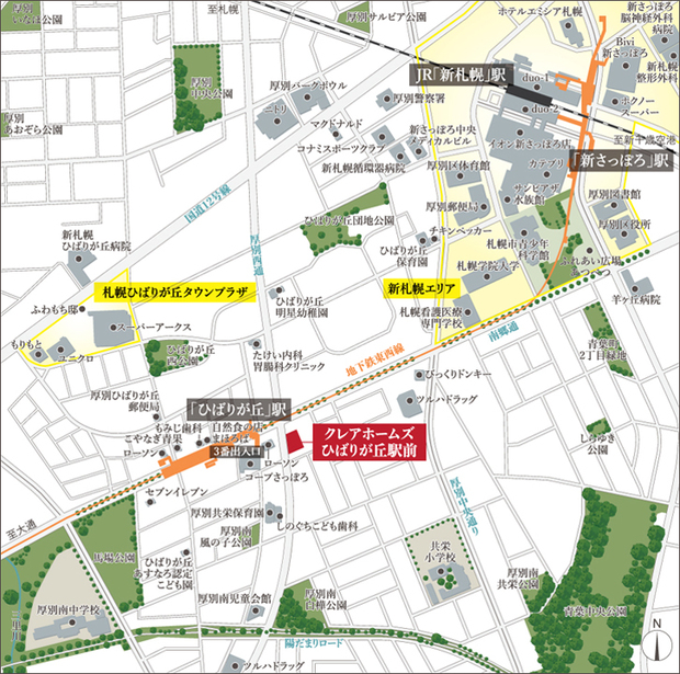 ※新札幌エリアとは、「新さっぽろ駅周辺地区地区計画」の計画区域（出典:札幌市まちづくり政策局都市計画部事業推進課「新さっぽろ駅周辺地区地区計画概要版」2023年9月時点）を指しています。＜現地案内図＞