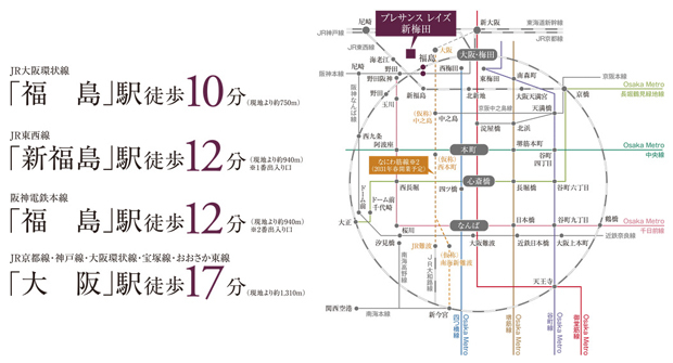 【躍動のライフスタイルを叶えるマルチアクセス。】<BR />最寄りのJR大阪環状線「福島」駅へ徒歩10分。※3 JR東西線「新福島」駅、阪神本線「福島」駅へも徒歩12分。※4 関西最大のターミナル・JR「大阪」駅※5を利用すれば、市内要所はもちろん中広域へも軽快にお出かけできます。<BR />※掲載の電車所要時間は、平日・日中時（9:00～15:59）、通勤時（7:00～8:59）の各時間帯での所要時間です。また、所要時間には乗り換え、待ち時間（通勤時・日中平常時とも）が含まれております。（2024年3月ジョルダン調べ）また、所要時間は2024年3月現在のもので、以降鉄道会社によって変更される場合があります。<BR />※2.出典:JR西日本公式サイト<BR />※3.JR大阪環状線「福島」駅まで徒歩10分（現地より約570m）<BR />※4.JR東西線「新福島」駅まで徒歩12分（現地より約940m※1番出入り口）<BR />阪神本線「福島」駅まで徒歩12分（現地より約940m※2番出入り口）<BR />※5.JR京都線・神戸線・大阪環状線・宝塚線・おおさか東線「大阪」駅まで徒歩17分（現地より約1,310m）＜交通案内図＞