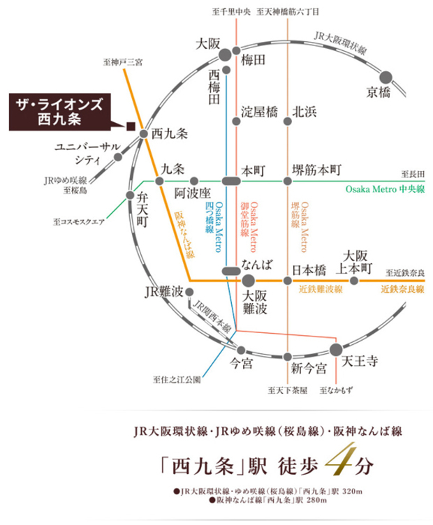 【3線2駅が身近、都心の華やぎを謳歌する。】<BR />JR大阪環状線「西九条」駅からJR大阪環状線「大阪」駅、「天王寺」駅へダイレクトアクセス。さらにJR阪神なんば線を利用し、難波方面にも一直線。そして、JRゆめ咲線で「ユニバーサルスタジオジャパン※1」へもスムーズに。都心とダイレクトに結ばれ、目的地へのスピーディーなアクセスは、オンとオフの軽快なフットワークを楽しめます。<BR />※1.ユニバーサルスタジオジャパン（約4,256m・最寄り駅:JR ゆめ咲線「ユニバーサルシティ」駅）<BR />※表示内容は2024年4月の調査時点のものです。＜交通案内図＞