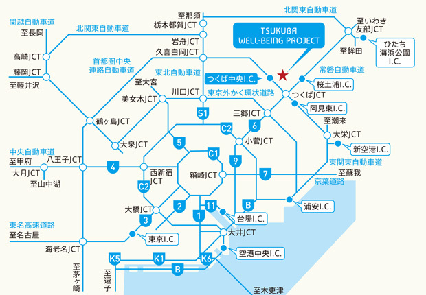 「つくば中央I.C.」を利用すれば車での移動も快適に。成田空港へ約50分、羽田空港へは約85分。さらに「東京ディズニーランド」へも約70分で到着します。<BR />※掲載のカーアクセスは経路探索ソフトにて推奨ルートで算出したものです。交通状況により所要時間は変動いたします。＜交通案内図＞